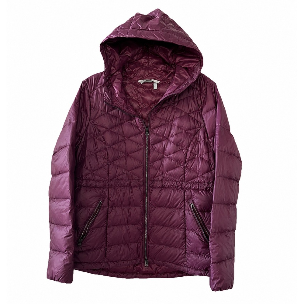Athleta Goose Down Puffer Jacket Women XL Hooded Quilted Maroon Zip Packable